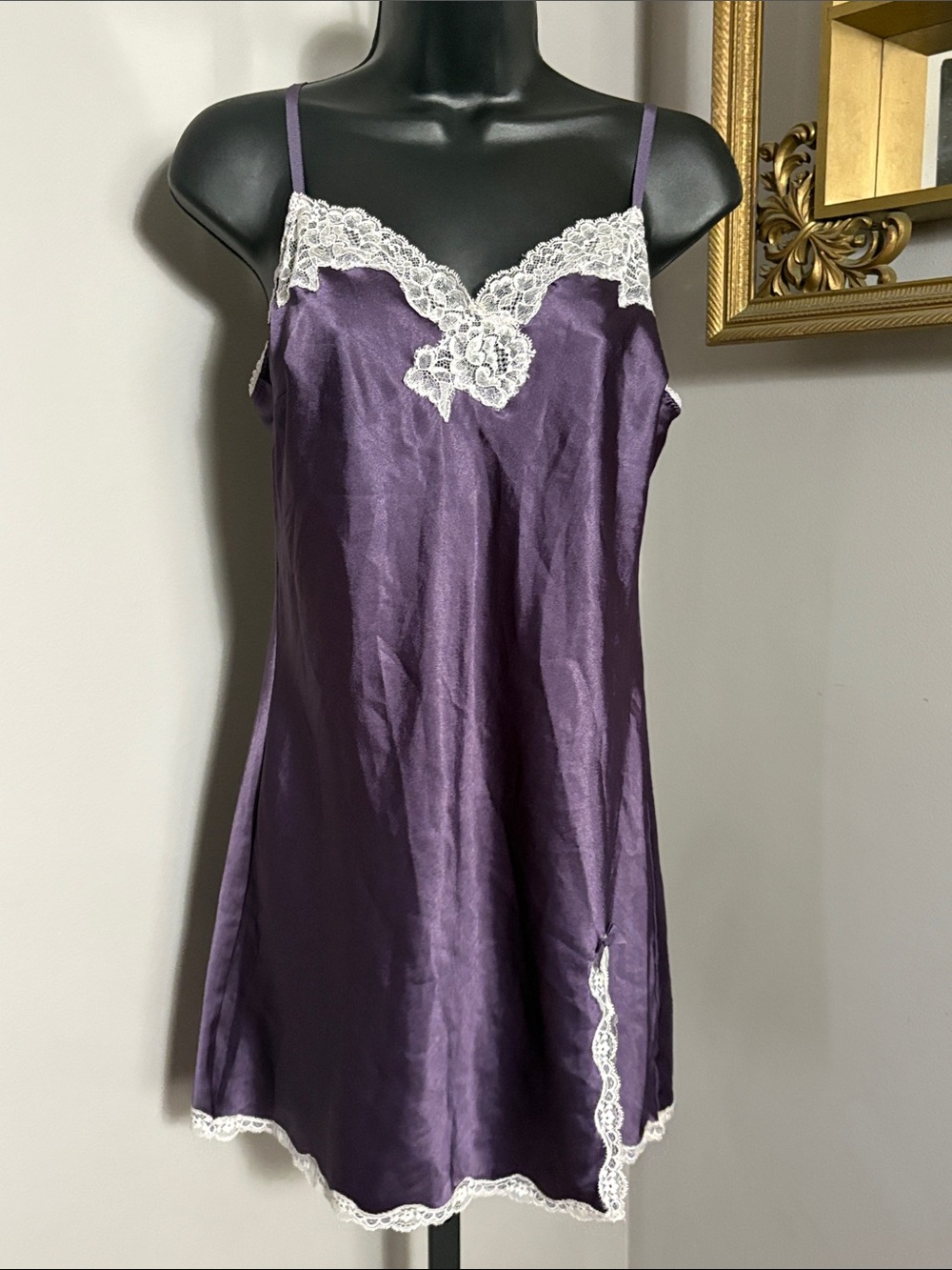 Victoria's Secret VINTAGE Medium Purple Satin Slip Dress with White Lace Trim